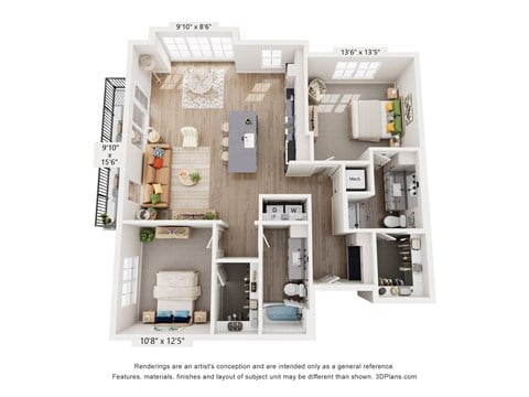Floor plan for 2 beds, 2 baths, 1250 sqft